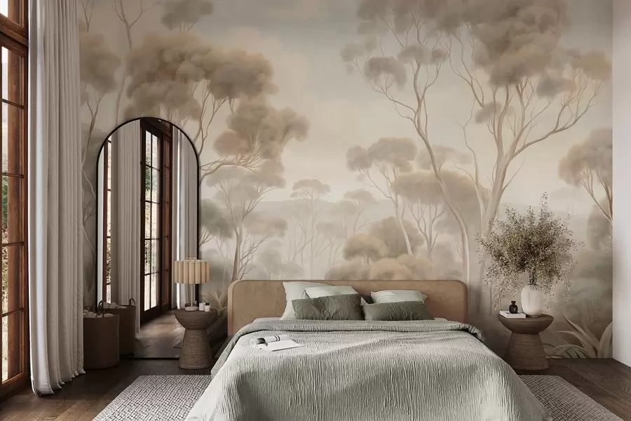 fototapeter Et tåkete skoglandskap med høye eukalyptustrær, med bølgende åser under en overskyet himmel, teksturert kunst w09822