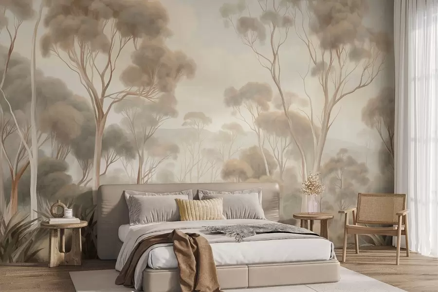 fototapeter Et tåkete skoglandskap med høye eukalyptustrær, med bølgende åser under en overskyet himmel, teksturert kunst w09822