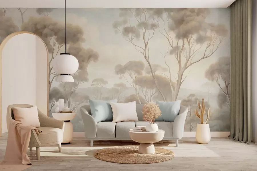 fototapeter Et tåkete skoglandskap med høye eukalyptustrær, med bølgende åser under en overskyet himmel, teksturert kunst w09822