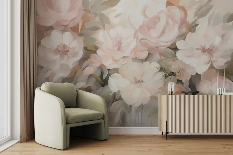 fototapeter Lysrosa og hvite blomster med grønne blader, malerisk stil, impresjonistisk stil, teksturert kunst w09824