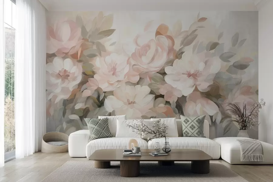 fototapeter Lysrosa og hvite blomster med grønne blader, malerisk stil, impresjonistisk stil, teksturert kunst w09824