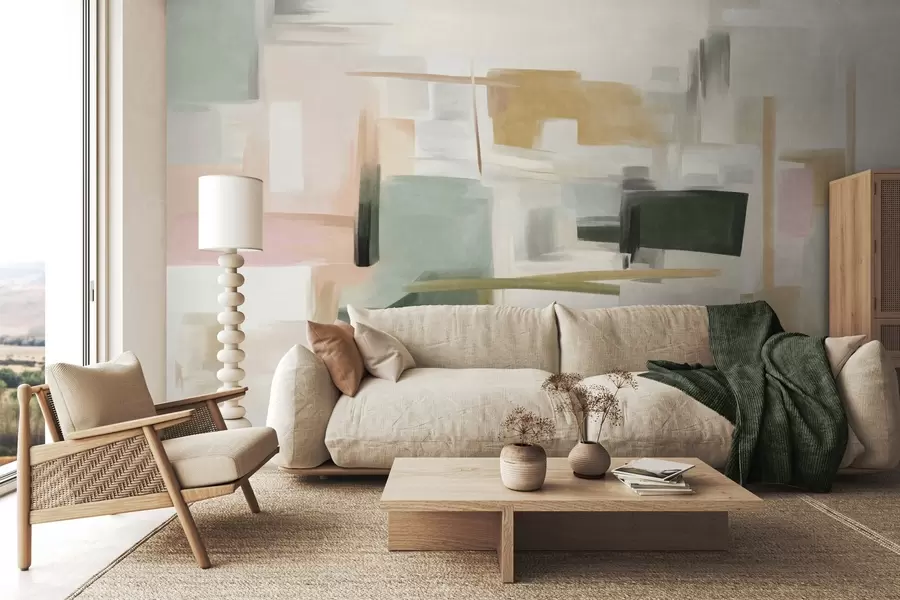 fototapeter En abstrakt, minimalistisk malestil med myke pastellfarger, geometriske former og linjer w09828