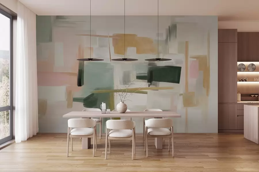 fototapeter En abstrakt, minimalistisk malestil med myke pastellfarger, geometriske former og linjer w09828