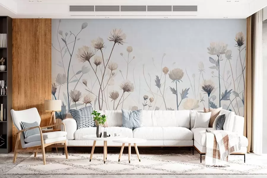 fototapeter Vilde enggress og blomster malt i en landlig stil mot en lys bakgrunn w05563
