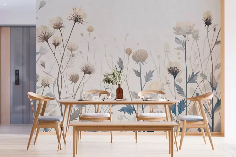 fototapeter Vilde enggress og blomster malt i en landlig stil mot en lys bakgrunn w05563