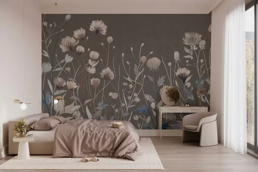 fototapeter Vilde enggress og blomster gjengitt i en malerisk stil mot en gråbrun bakgrunn w05563v2