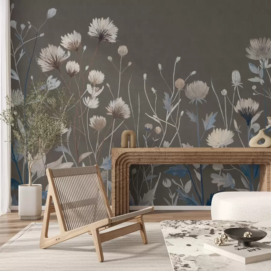 fototapeter Vilde enggress og blomster gjengitt i en malerisk stil mot en gråbrun bakgrunn w05563v2
