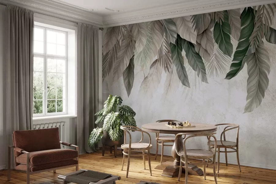 fototapeter Tropiske hengende blader på betong w05521