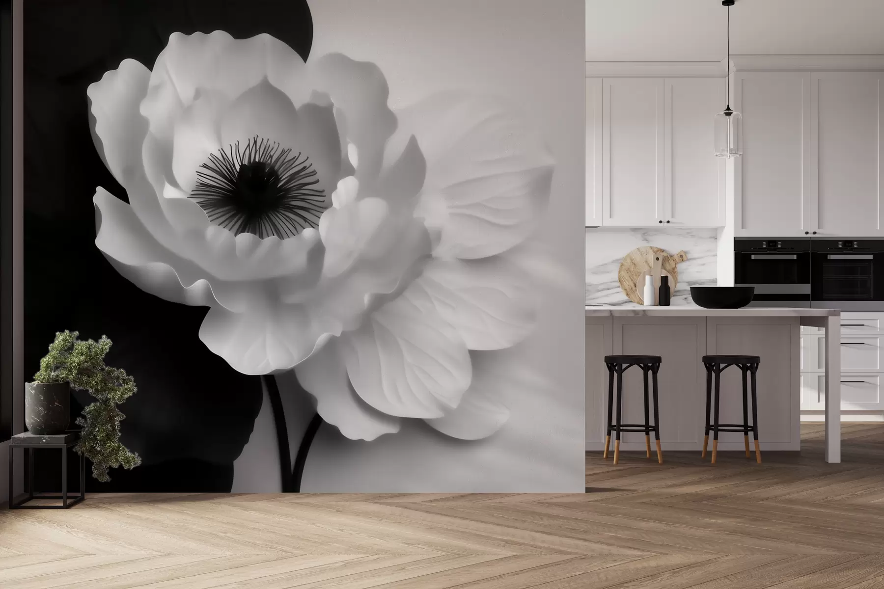 fototapeter En kontrastrik hvit blomst med mørkt senter på en svart-hvit bakgrunn w09852