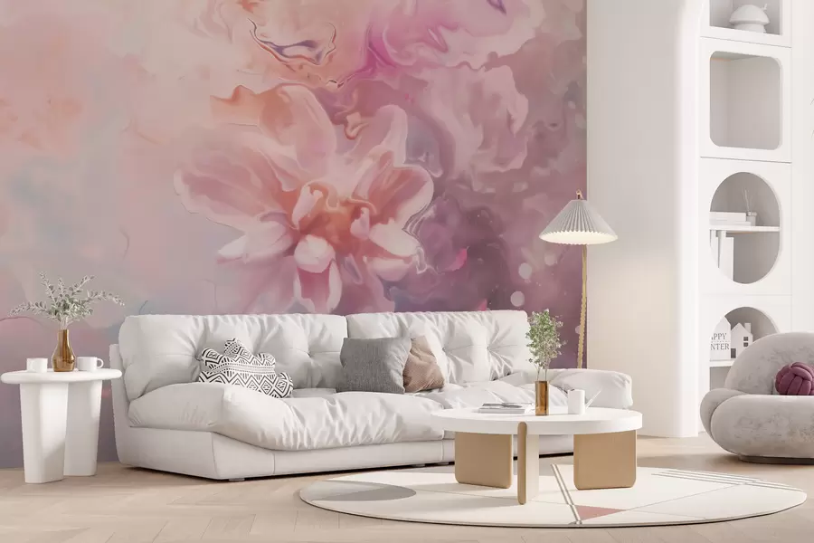 fototapeter En abstrakt komposisjon med en blomst og myke rosa fargetoner i akvarellstil w09859