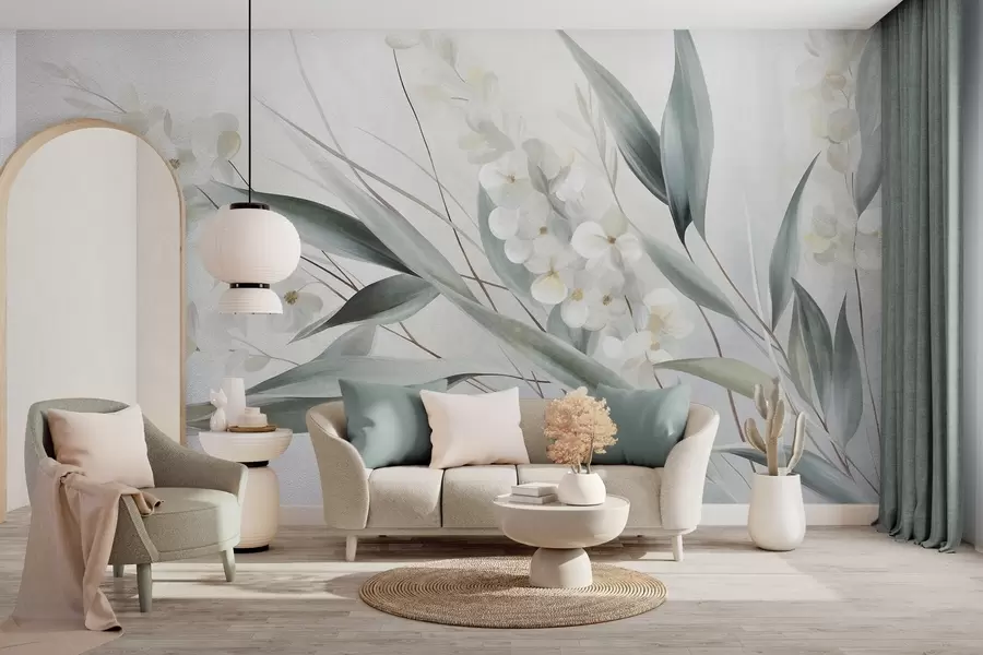 fototapeter Delikate blomster og lange grønne blader i en malerisk stil med subtile penselstrøk, teksturert kunst w09827