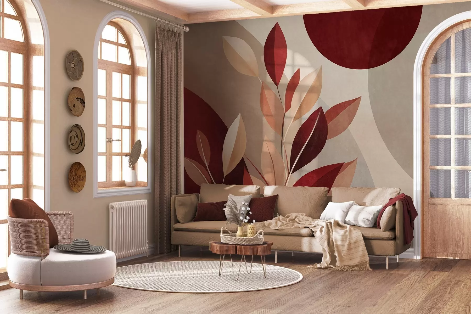 fototapeter Teksturerte blader i bordeaux og beige på en bakgrunn av abstrakte former, minimalisme, moderne kunst w09829