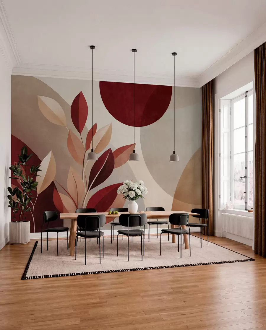 fototapeter Teksturerte blader i bordeaux og beige på en bakgrunn av abstrakte former, minimalisme, moderne kunst w09829