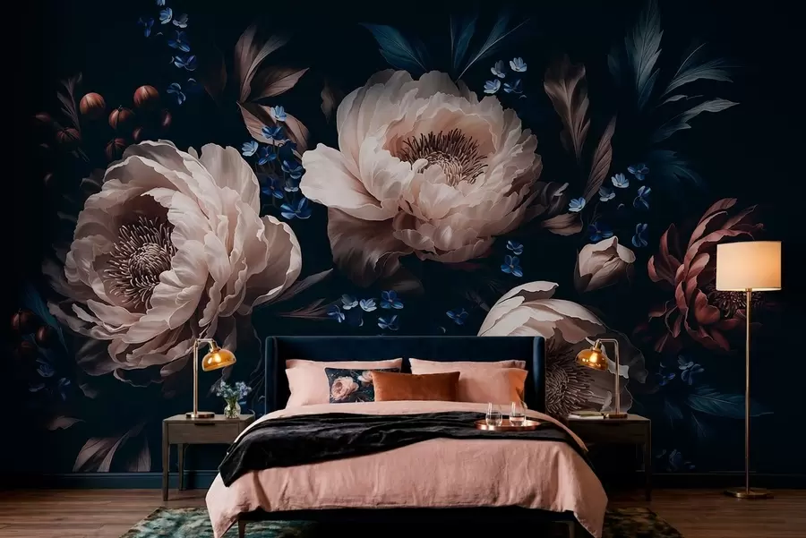 fototapeter Mørk blomsterkomposisjon med store blomster og blader w05533