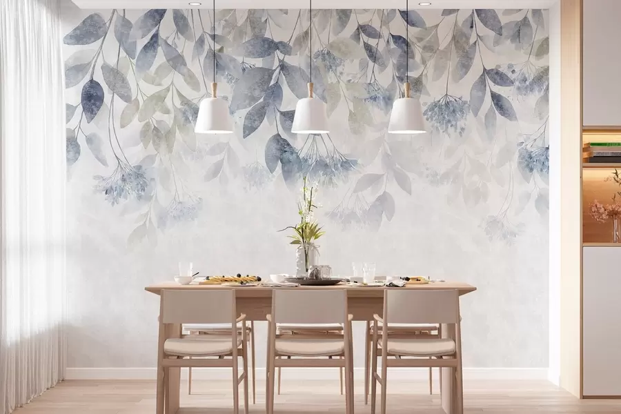 fototapeter strukturerte, bølgende blader med blomster i nyanser av blått og beige w05565v1