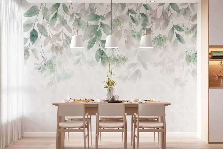 fototapeter strukturerte, bølgende blader med blomster i nyanser av grønt og beige w05565v2