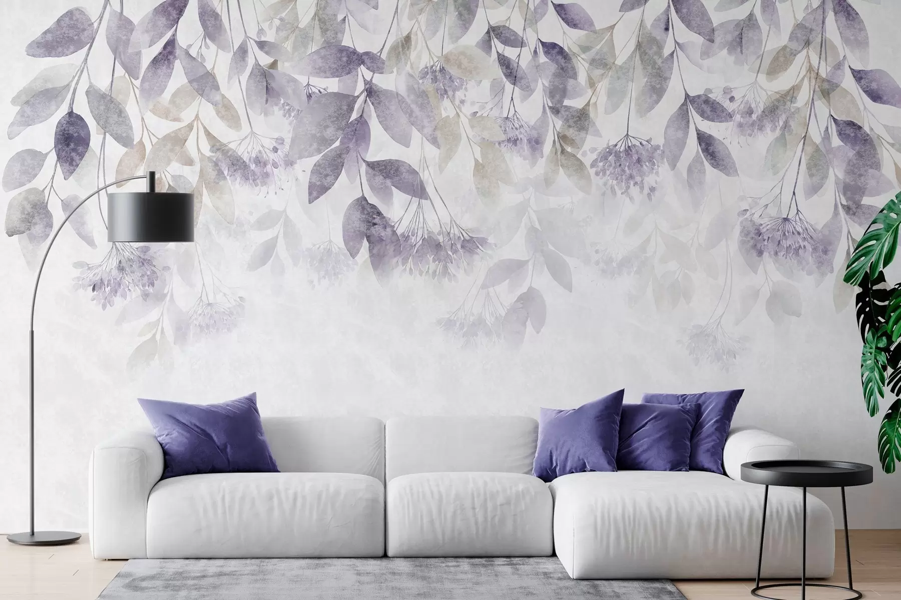 fototapeter strukturerte, bølgende blader med blomster i nyanser av lilla og beige w05565v3