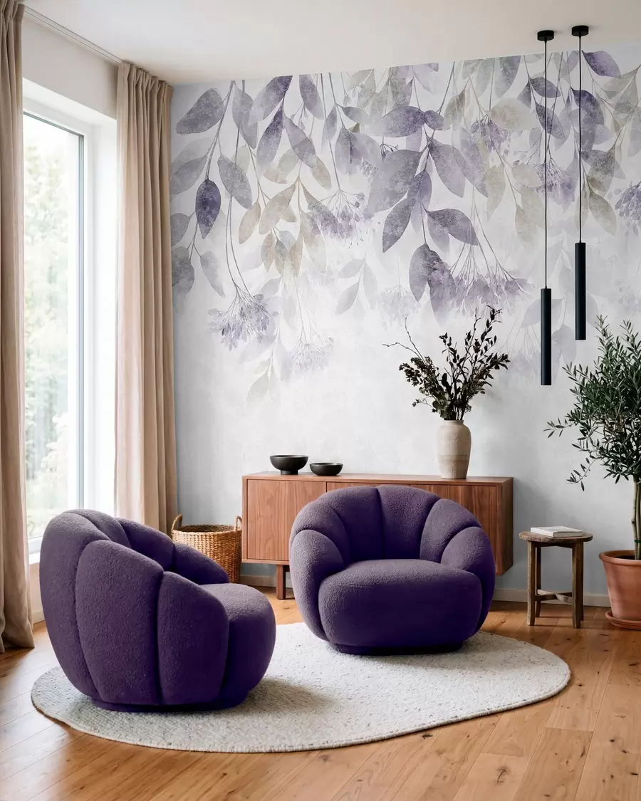fototapeter strukturerte, bølgende blader med blomster i nyanser av lilla og beige w05565v3