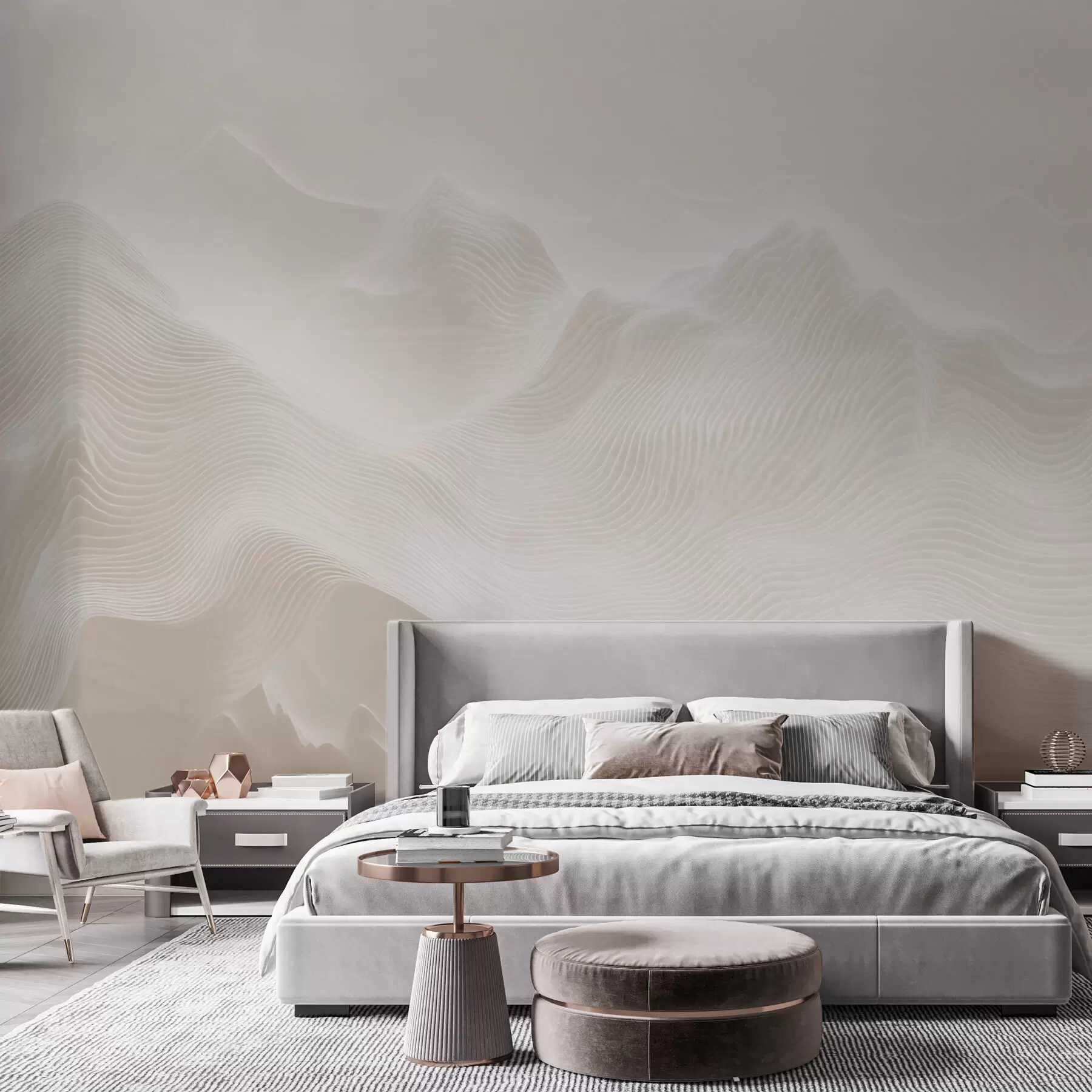 fototapeter Abstrakte, bølgende fjell i en beige fargepalett i minimalistisk stil w09713