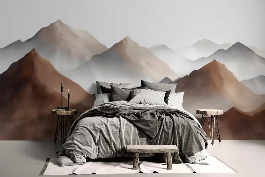 fototapeter Tåkete fjelltopper i en beige-brun fargepalett i akvarellstil w09857