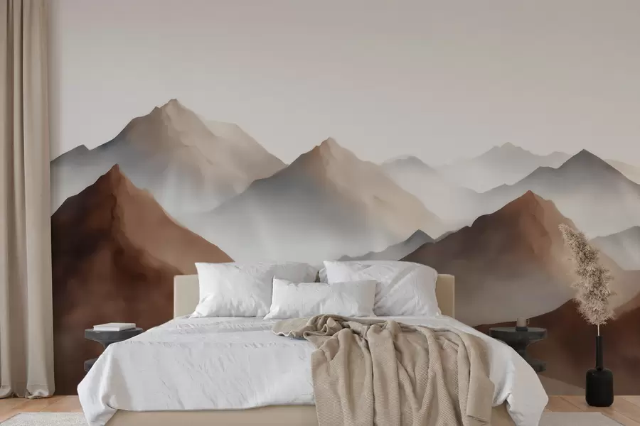fototapeter Tåkete fjelltopper i en beige-brun fargepalett i akvarellstil w09857