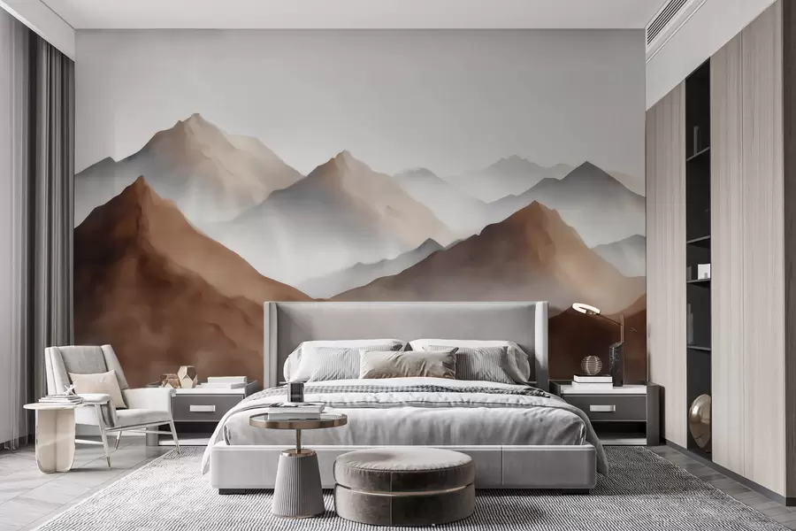 fototapeter Tåkete fjelltopper i en beige-brun fargepalett i akvarellstil w09857
