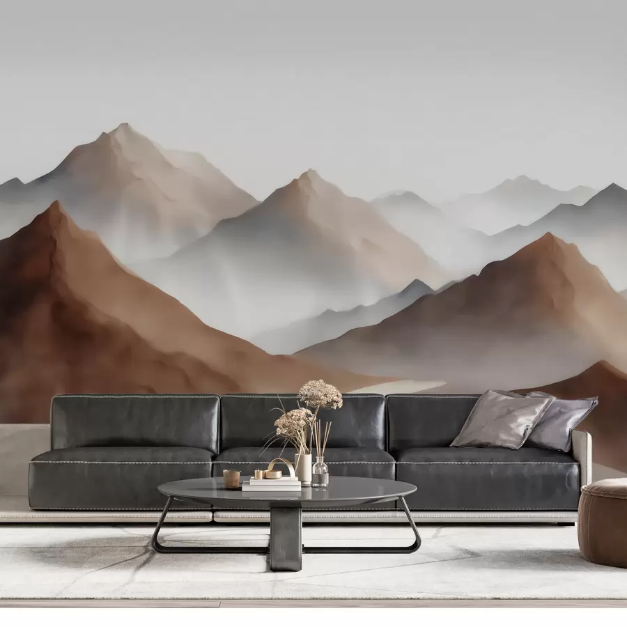 fototapeter Tåkete fjelltopper i en beige-brun fargepalett i akvarellstil w09857