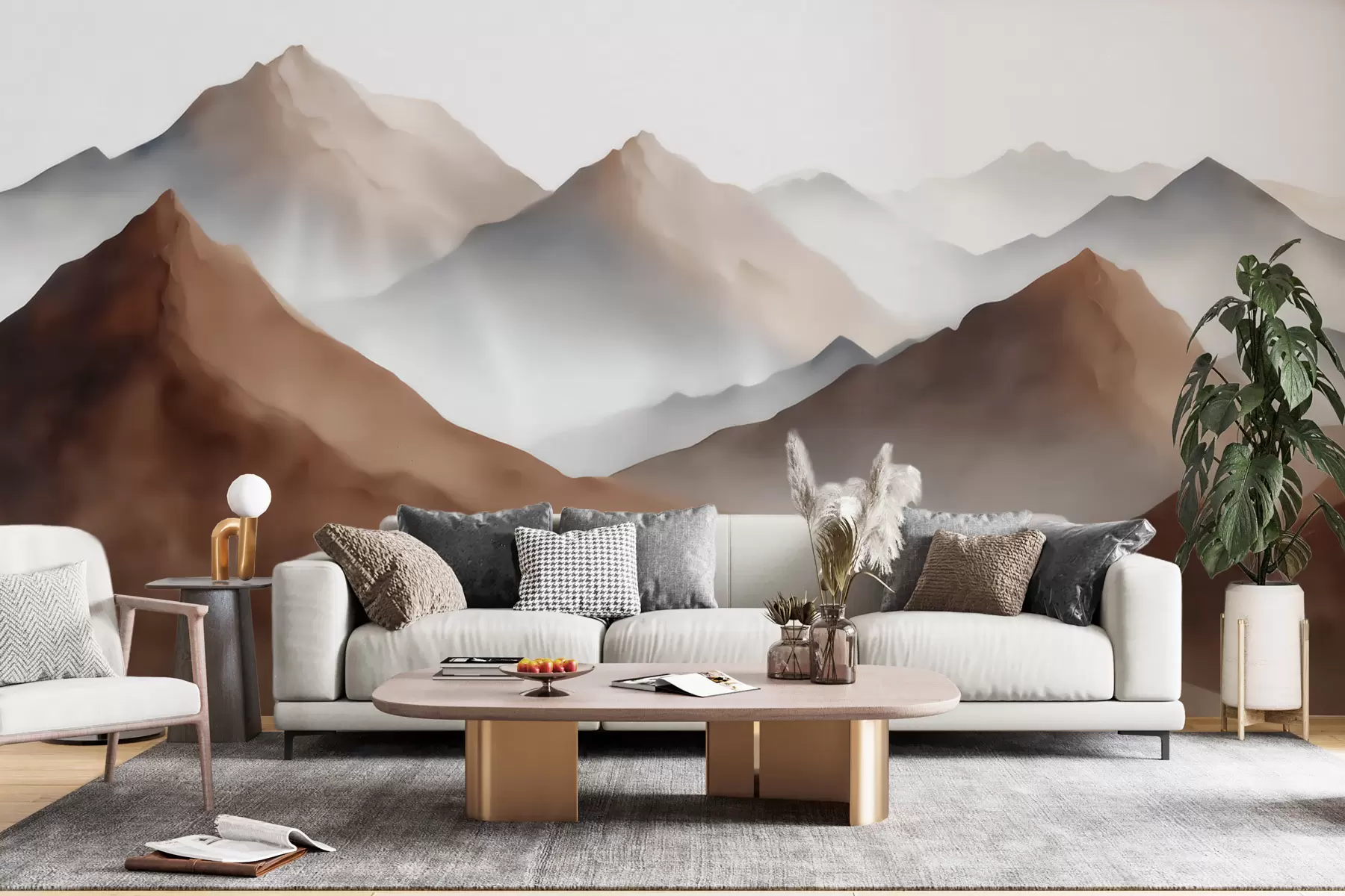 fototapeter Tåkete fjelltopper i en beige-brun fargepalett i akvarellstil w09857