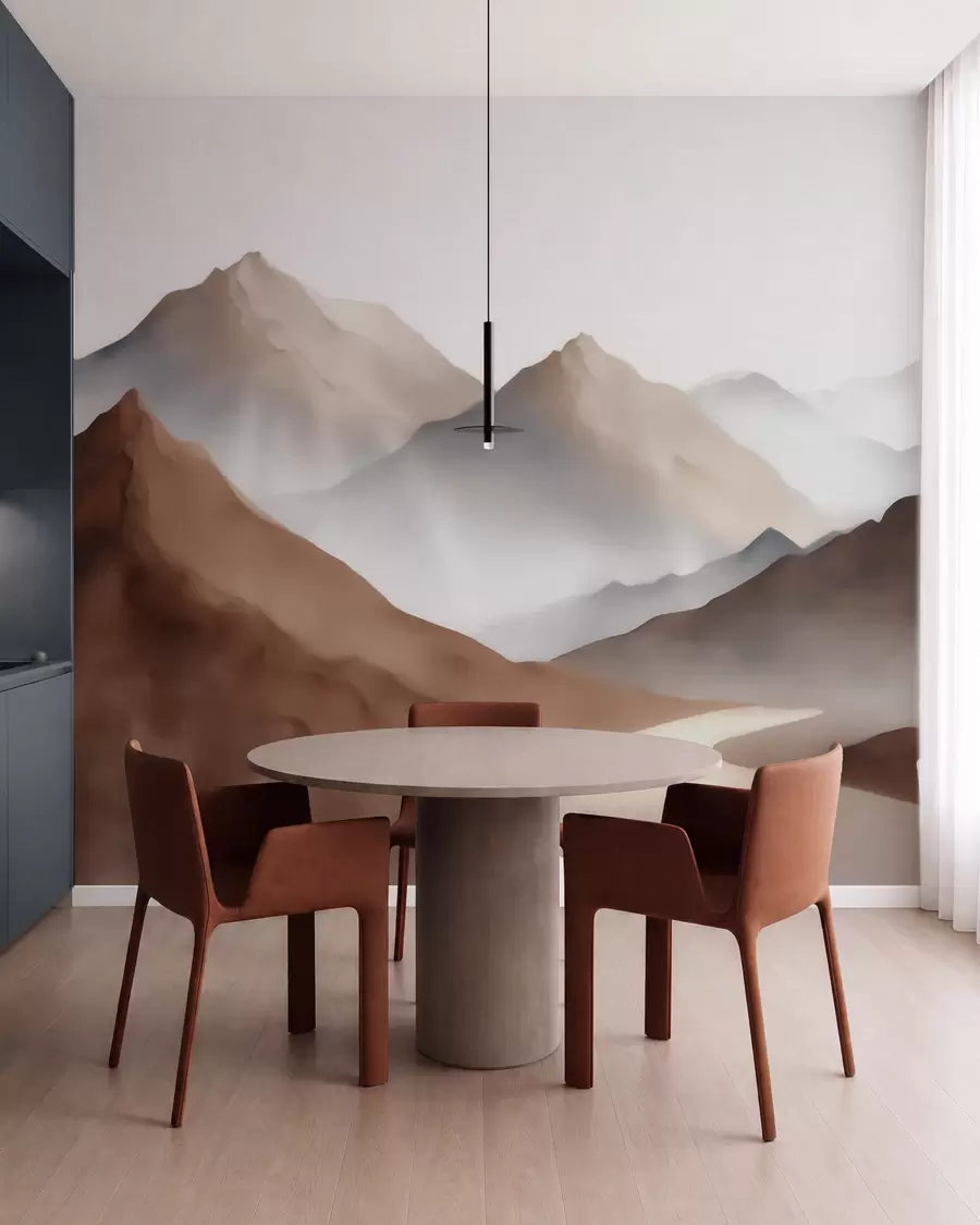 fototapeter Tåkete fjelltopper i en beige-brun fargepalett i akvarellstil w09857