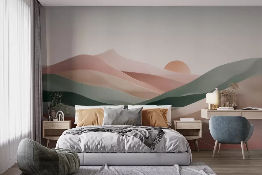 fototapeter Abstrakt ørkenlandskap i en pastellgrønn-rosa fargepalett, minimalisme w09860