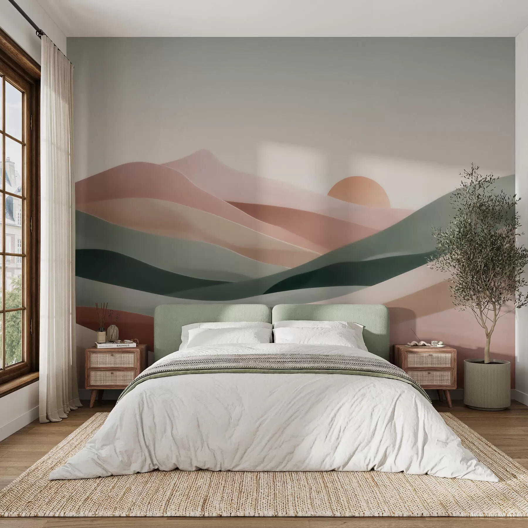 fototapeter Abstrakt ørkenlandskap i en pastellgrønn-rosa fargepalett, minimalisme w09860