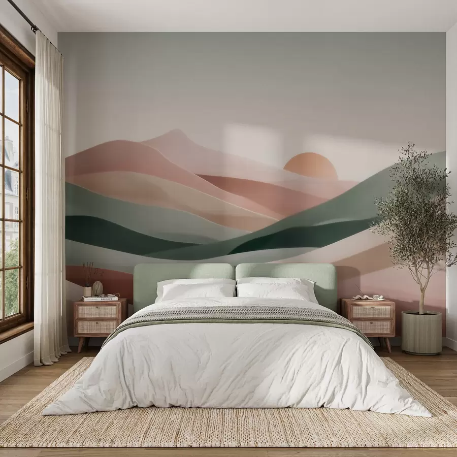 fototapeter Abstrakt ørkenlandskap i en pastellgrønn-rosa fargepalett, minimalisme w09860