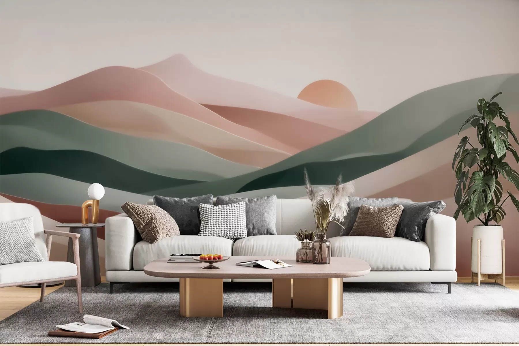 fototapeter Abstrakt ørkenlandskap i en pastellgrønn-rosa fargepalett, minimalisme w09860