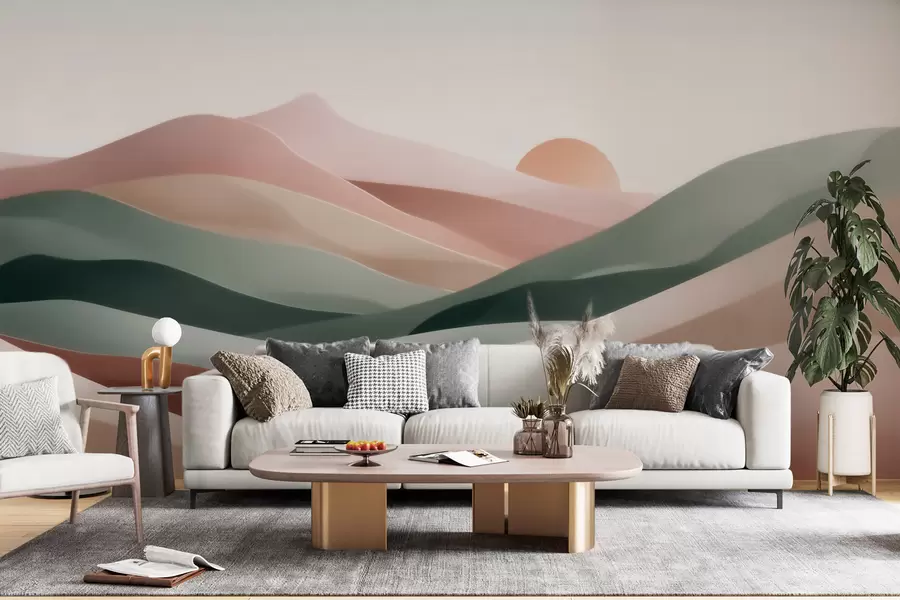 fototapeter Abstrakt ørkenlandskap i en pastellgrønn-rosa fargepalett, minimalisme w09860