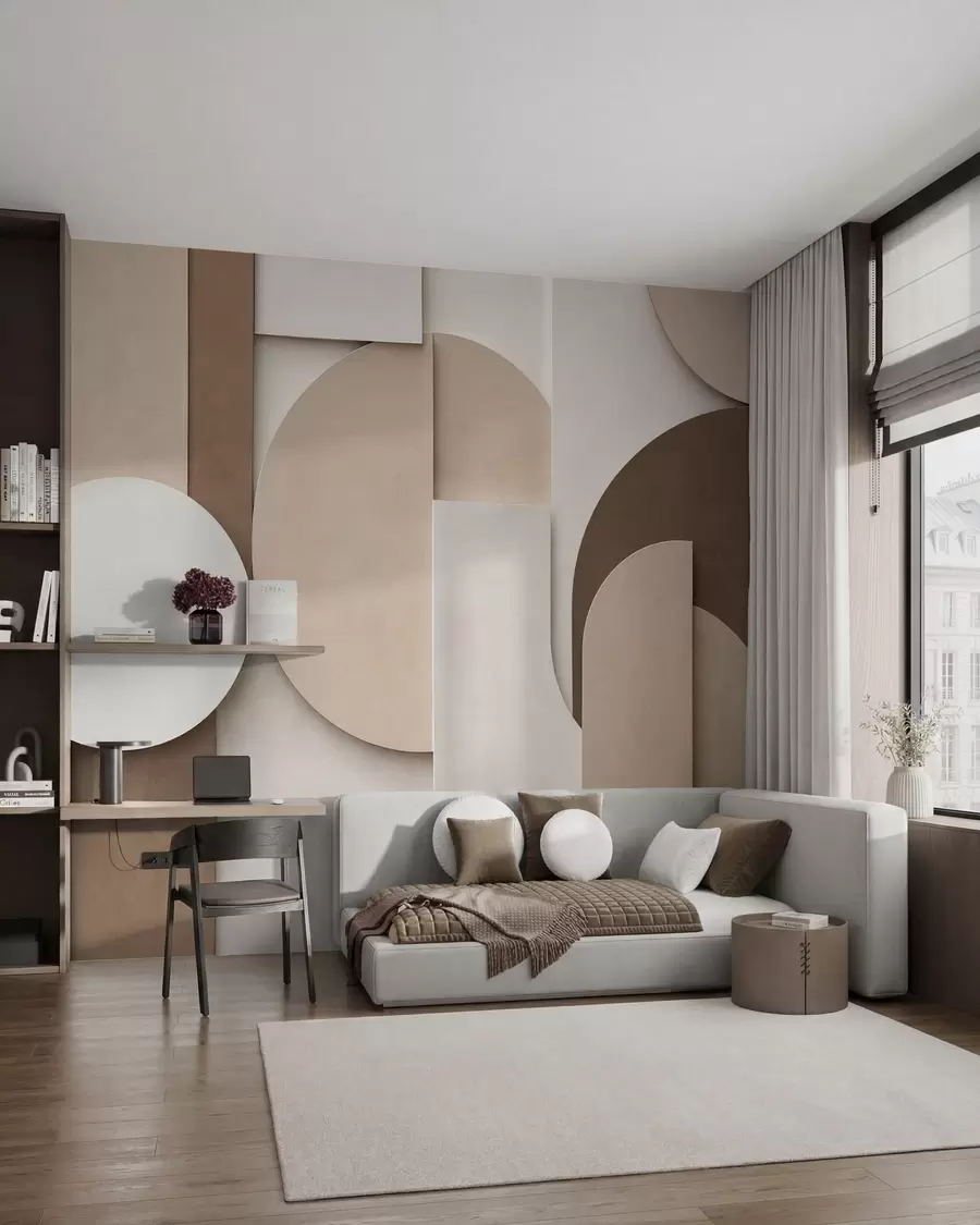 fototapeter Strukturerte beige geometriske former i en lagdelt 3D-komposisjon, minimalistisk og moderne veggkunst w05598