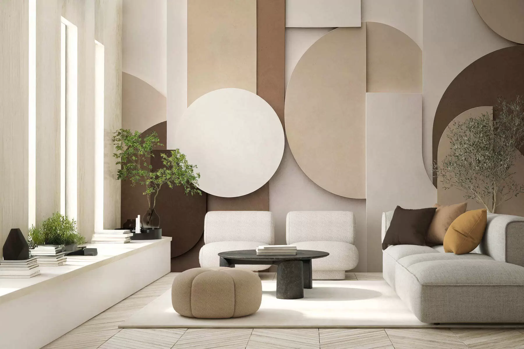 fototapeter Strukturerte beige geometriske former i en lagdelt 3D-komposisjon, minimalistisk og moderne veggkunst w05598