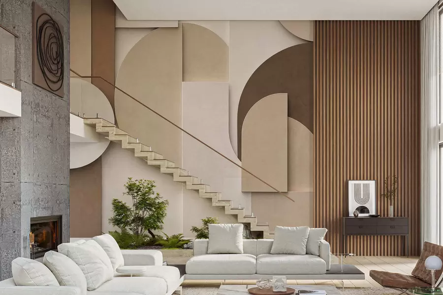 fototapeter Strukturerte beige geometriske former i en lagdelt 3D-komposisjon, minimalistisk og moderne veggkunst w05598