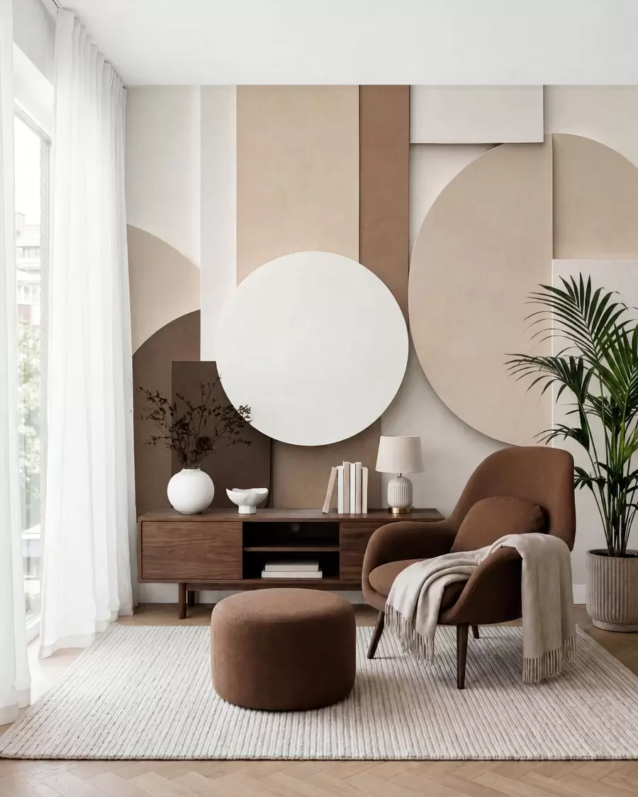fototapeter Strukturerte beige geometriske former i en lagdelt 3D-komposisjon, minimalistisk og moderne veggkunst w05598