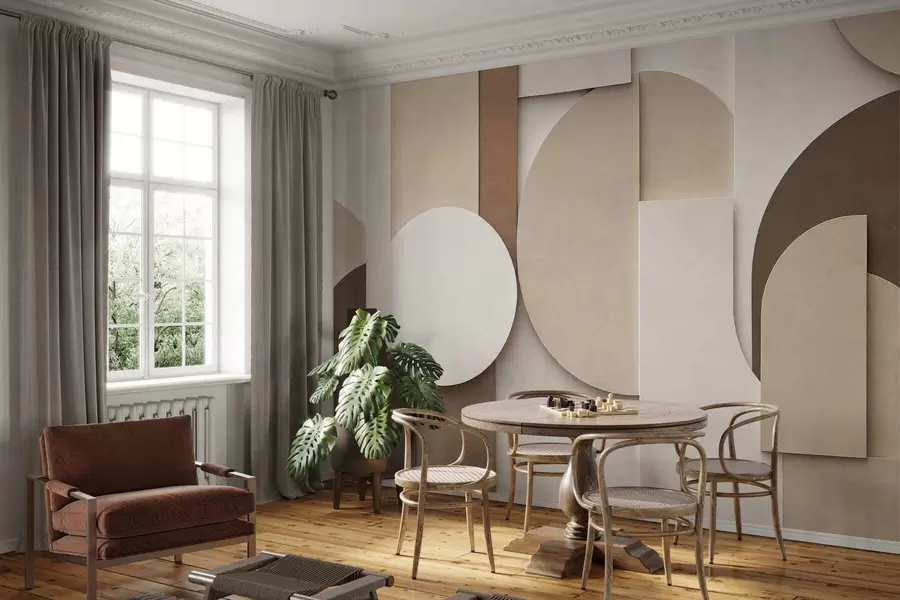 fototapeter Strukturerte beige geometriske former i en lagdelt 3D-komposisjon, minimalistisk og moderne veggkunst w05598