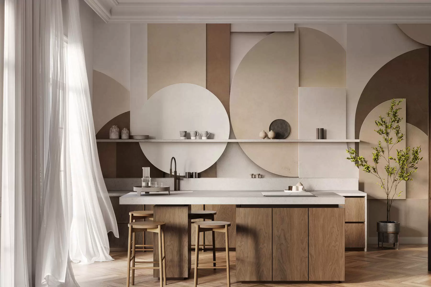 fototapeter Strukturerte beige geometriske former i en lagdelt 3D-komposisjon, minimalistisk og moderne veggkunst w05598