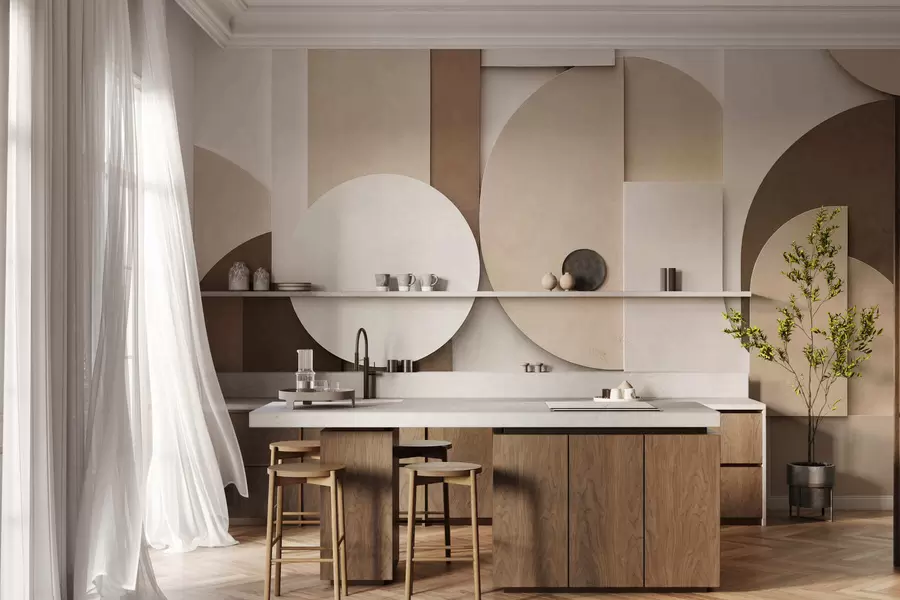 fototapeter Strukturerte beige geometriske former i en lagdelt 3D-komposisjon, minimalistisk og moderne veggkunst w05598