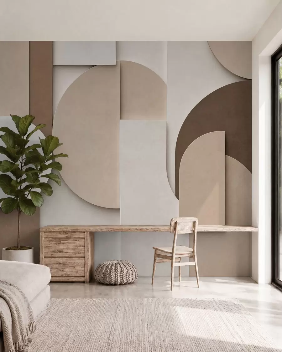 fototapeter Strukturerte beige geometriske former i en lagdelt 3D-komposisjon, minimalistisk og moderne veggkunst w05598