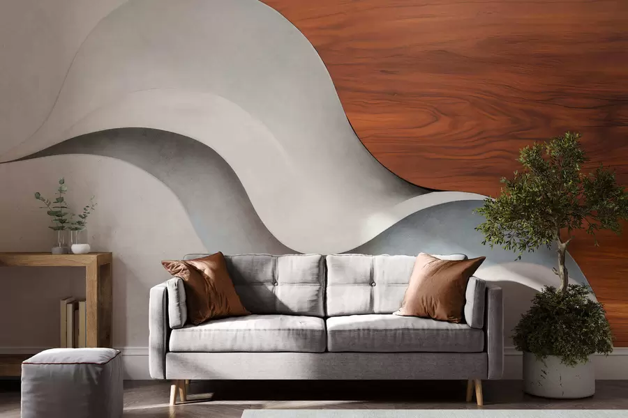 fototapeter Flytende abstrakte bølger med varme treinnslag, minimalistisk og moderne design w05599