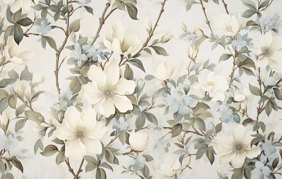 fototapeter Delikate blomster og myke grønne blader i en malerisk vintage-stil med diskrete penselstrøk w05601