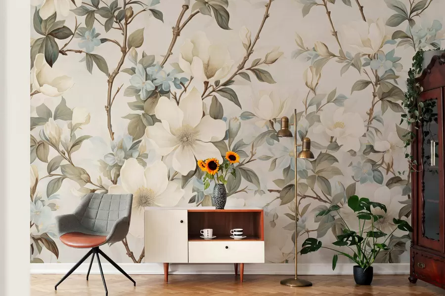 fototapeter Delikate blomster og myke grønne blader i en malerisk vintage-stil med diskrete penselstrøk w05601
