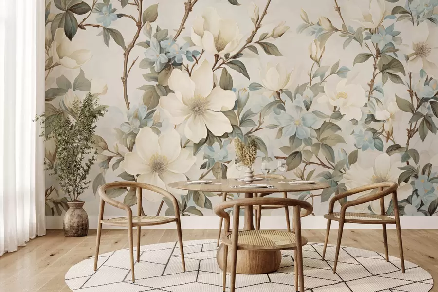 fototapeter Delikate blomster og myke grønne blader i en malerisk vintage-stil med diskrete penselstrøk w05601
