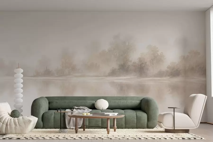 fototapeter Et minimalistisk tåkete landskap med delikate speilbilder i varme, nøytrale fargetoner w05606