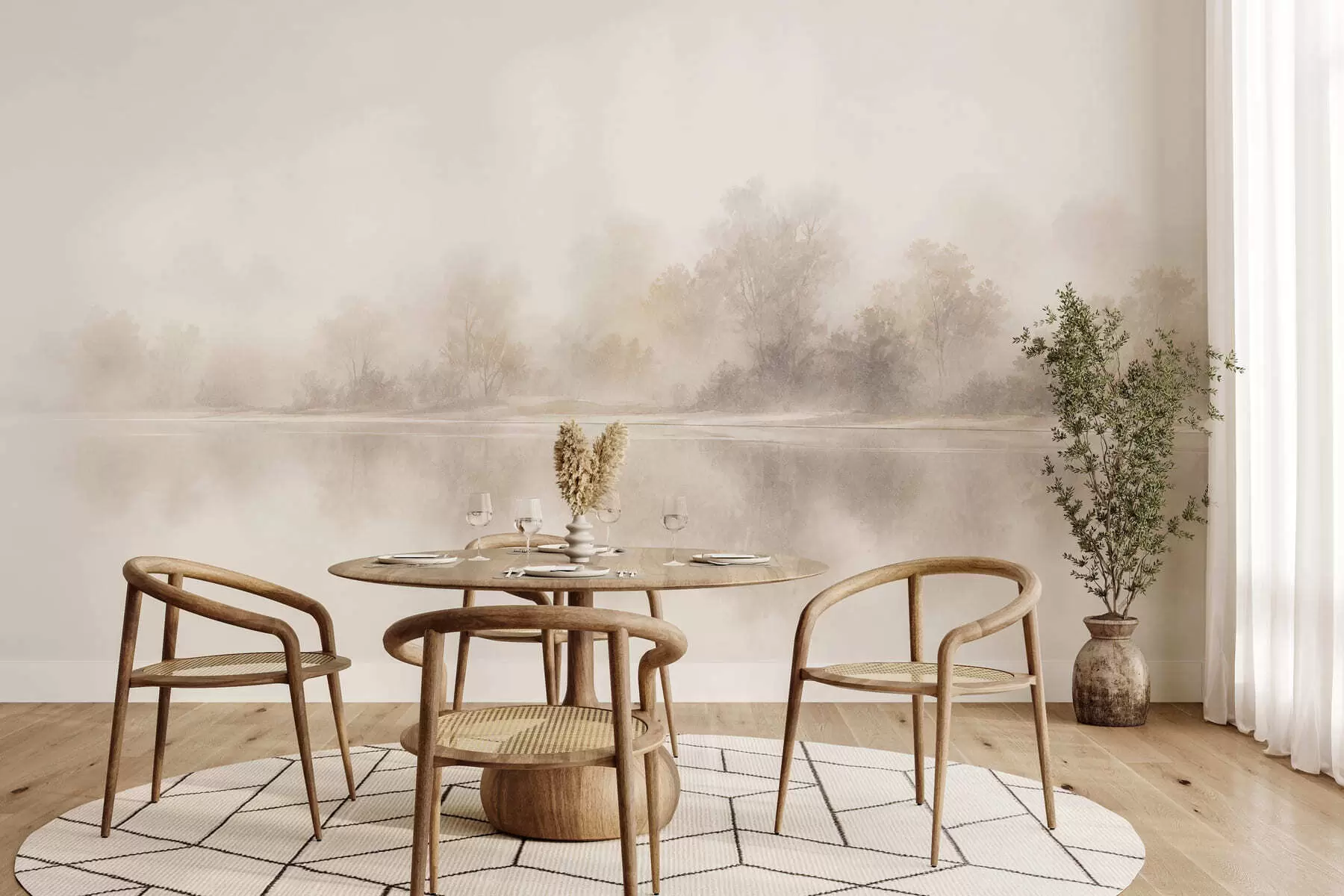 fototapeter Et minimalistisk tåkete landskap med delikate speilbilder i varme, nøytrale fargetoner w05606
