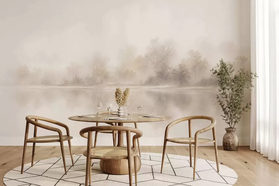 fototapeter Et minimalistisk tåkete landskap med delikate speilbilder i varme, nøytrale fargetoner w05606