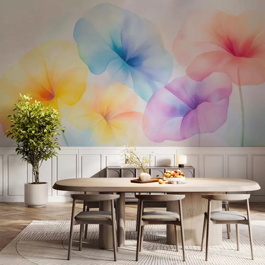 fototapeter Fargerike, gjennomskinnelige blomster i myke pastellfarger med en drømmende akvarelleffekt w05607